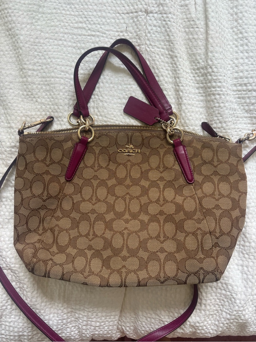 Coach Brown Signature Canvas Tote with Plum Leather Trim